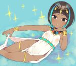  1girl aquamarine_(gemstone) black_eyes black_hair blue_background bracelet breasts circlet covered_nipples dark-skinned_female dark_skin dress egyptian egyptian_clothes feet_out_of_frame head_rest jewelry light_blue_hair looking_at_viewer lying moyori multicolored_hair on_side original parted_lips see-through short_hair side_slit sleeveless sleeveless_dress small_breasts solo sparkle thighlet two-tone_hair usekh_collar white_dress 