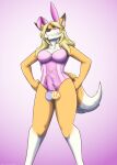  absurd_res anthro balls bodypaint canid canine clothed clothing crossdressing easter easter_balls embarrassed erection erection_under_clothing fake_breasts fake_ears fake_rabbit_ears fox genitals hi_res holidays juniorjosi male mammal painted_balls playboy_bunny solo 