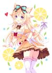  1girl :d animal_ears bitter_crown blonde_hair blush cat_ears cat_girl cat_tail dress food frills fruit hair_ribbon heart highres holding holding_food holding_fruit lemon_print long_hair open_mouth original purple_eyes ribbon smile solo tail tail_ornament tail_ribbon thighhighs yellow_dress 