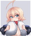  1boy 1girl ahoge blazblue blonde_hair blue_eyes blush breast_squeeze breasts cleavage cum cum_on_body cum_on_breasts es_(xblaze) eyebrows_visible_through_hair hetero highres huge_ahoge huge_breasts necktie paizuri paizuri_under_clothes pldf red_necktie solo_focus sweatdrop xblaze 