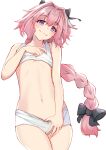  1boy absurdres astolfo_(fate) bangs blush bow braid braided_ponytail fang fate/apocrypha fate/grand_order fate_(series) hair_bow hair_intakes highres long_hair looking_at_viewer male_focus multicolored_hair navel open_mouth otoko_no_ko panties pink_hair purple_eyes simple_background smile streaked_hair syica underwear underwear_only white_background white_hair white_panties 