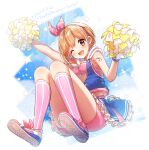  1girl ;d aiba_yumi blue_skirt blue_sky blush cheerleader cloud dated frilled_skirt frills full_body happy_birthday highres holding holding_pom_poms hood hoodie idolmaster idolmaster_cinderella_girls kneehighs knees_up looking_at_viewer natsumi_(natumi06) one_eye_closed orange_hair outstretched_arm partially_unzipped pink_shorts pink_tube_top pom_pom_(cheerleading) short_hair shorts shorts_under_skirt skirt sky sleeveless sleeveless_hoodie smile solo sparkle star_(symbol) 