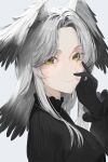  1girl bangosu bangs black_gloves black_shirt black_wings breasts brown_eyes closed_mouth commentary_request eyebrows_visible_through_hair feathered_wings forehead from_side gloves gradient gradient_background grey_background grey_hair grey_wings hand_up head_wings highres long_hair long_sleeves medium_breasts original parted_bangs puffy_long_sleeves puffy_sleeves shirt solo upper_body wings 
