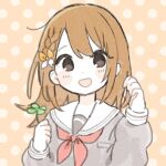 1girl :d adjusting_hair bangs blouse blush_stickers bow braid brown_eyes brown_hair clenched_hand clover_(flower) dot_nose eyelashes flat_chest flower grey_blouse hair_bow hanasato_minori hands_up happy holding holding_clover holding_hair medium_hair momosei_(momo_mo00) neckerchief open_mouth orange_background orange_bow pale_color pale_skin polka_dot polka_dot_background project_sekai red_neckerchief sailor_collar school_uniform simple_background smile solo swept_bangs tareme two-tone_bow upper_body white_bow white_sailor_collar 
