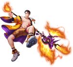  1boy abs alternate_costume artist_request bara bare_pectorals black_hair fighting_stance fire gauntlets gyee halberd headband highres japanese_clothes jewelry key kimono looking_at_another male_focus male_underwear manly muscular muscular_male necklace nipples official_art pectorals polearm shoes shorts smile socks solo spiked_hair sven_(gyee) teeth transparent_background underwear weapon 