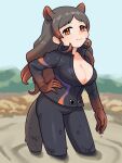  1girl :3 an-chan_(ananna0315) animal_ears black_pants black_shirt blush bodysuit brown_hair commentary_request extra_ears eyebrows_visible_through_hair gloves hand_on_hip high_collar highres hippopotamus_(kemono_friends) hippopotamus_ears kemono_friends long_hair long_sleeves looking_at_viewer multicolored_hair orange_eyes pants red_gloves red_hair shirt smile solo wading water wetsuit 