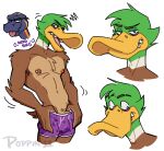  anatid anseriform anthro avian bird bulge clothed clothing duck elkin_(brogulls) lizard male nipple_piercing nipples piercing poppin raeford_(brogulls) reptile scalie simple_background skink underwear underwear_only white_background 