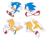  2boys :d closed_eyes fang full_body furry furry_male gloves highres multiple_boys multiple_tails multiple_views open_mouth re30103 running shoes simple_background smile sneakers sonic_(series) sonic_the_hedgehog sonic_the_hedgehog_(classic) sweat tail tails_(sonic) two_tails white_background white_gloves 
