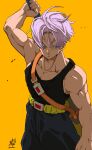  1boy absurdres bangs belt biceps black_tank_top blue_eyes dragon_ball dragon_ball_z high-waist_pants highres liedein light_purple_hair muscular muscular_male pants pectoral_cleavage pectorals scabbard sheath signature simple_background solo sword tank_top trunks_(dragon_ball) trunks_(future)_(dragon_ball) twitter_username weapon weapon_on_back yellow_background 