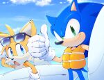  2boys animal_nose blue_eyes blue_sky chronocrump closed_mouth collaboration eyewear_on_head furry furry_male gloves green_eyes highres light_smile male_focus multiple_boys open_mouth re30103 sky smile sonic_(series) sonic_the_hedgehog standing sunglasses surfboard tail tails_(sonic) thumbs_up wet white_gloves 