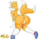  2_tails absurd_res anthro anus big_butt blue_eyes butt canid canine chest_tuft clothing footwear fox funkydeer00 fur genitals girly gloves handwear hi_res male mammal miles_prower multi_tail penis perineum presenting seductive sega shaded shoes sneakers socks solo sonic_the_hedgehog_(series) tuft yellow_body yellow_fur 