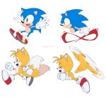  2boys :d blue_eyes closed_eyes fang full_body furry furry_male gloves green_eyes highres multiple_boys multiple_tails multiple_views open_mouth re30103 running shoes simple_background smile sneakers sonic_(series) sonic_the_hedgehog sonic_the_hedgehog_(classic) sweat tail tails_(sonic) two_tails white_background white_gloves 