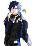  1boy black_choker black_legwear blue_eyes blue_hair blue_jacket choker colored_inner_hair headphones headphones_around_neck headphones_removed highres jacket long_sleeves looking_to_the_side male_focus medium_hair multicolored_eyes multicolored_hair nijisanji nijisanji_en orange_eyes oversized_clothes pendant_choker shirt sleeveless sleeveless_shirt sleeves_past_wrists solo two-tone_hair virtual_youtuber white_background yugo_asuma zang_shih 