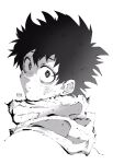  1boy artist_name battle_damage boku_no_hero_academia greyscale highres looking_at_viewer looking_back male_focus messy_hair midoriya_izuku monochrome parted_lips re30103 solo torn_clothes upper_body white_background 