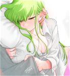  1girl artist_name bangs breasts c.c. cleavage closed_mouth code_geass dated eyebrows_visible_through_hair fingernails green_hair highres large_breasts long_hair long_sleeves lying noppo on_side pillow shirt solo_focus white_shirt yellow_eyes 