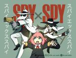  anya_(spy_x_family) black_spy cosplay crossover formal green_eyes gun hat highres holding holding_gun holding_weapon life_and_sundry pink_hair spy_vs_spy spy_x_family suit teeth twilight_(spy_x_family) twilight_(spy_x_family)_(cosplay) upper_teeth weapon white_spy yor_briar yor_briar_(cosplay) 