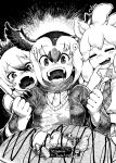  +_+ 3girls aardwolf_(kemono_friends) aardwolf_ears animal_ears atlantic_puffin_(kemono_friends) bangs bare_shoulders behind_back bird_wings cloud drooling elbow_gloves eyebrows_visible_through_hair fang fangs finger_to_mouth food fork fur_collar furrowed_brow gloves greyscale hair_between_eyes hand_on_another&#039;s_shoulder hand_up hands_up handsdsds happy head_wings highres holding holding_fork holding_knife jacket kemono_friends knife lion_ears long_hair long_sleeves monochrome multicolored_hair multiple_girls necktie open_mouth scarf shirt skin_fangs sleeveless sleeveless_shirt sweater_vest upper_body white_lion_(kemono_friends) wings 