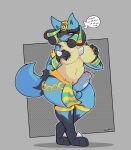  anthro breast_grab breast_squish breasts clothing dialogue foreskin genitals hand_on_breast herm hetfli hi_res intersex lucario nintendo penis pok&eacute;mon pok&eacute;mon_(species) solo squish standing talking_to_viewer video_games 