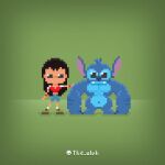  1:1 2017 alien black_eyes black_hair blue_body blue_bottomwear blue_clothing blue_fur blue_nose blue_shorts bottomwear clothing digital_media_(artwork) disney duo experiment_(lilo_and_stitch) female footwear fur green_background hair head_tuft hi_res human lilo_and_stitch lilo_pelekai long_hair looking_at_viewer male mammal muscular muscular_male navel notched_ear pecs pixel_(artwork) red_clothing red_shirt red_topwear shirt shoes shorts simple_background standing stitch_(lilo_and_stitch) teeth_showing the_oluk topwear tuft 