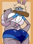  2021 absurd_res anthro baseball_bat bat_(object) big_breasts big_butt blonde_hair blue_eyes bottomwear breasts butt clothing eyewear female fujiweeb glasses hair hi_res holding_baseball_bat huge_breasts lagomorph leporid mammal pink_nose rabbit scut_tail shirt short_tail solo tea_(teabunni) topwear under_boob 