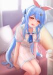  1girl :d animal_ears blue_hair blurry blurry_background carrot_hair_ornament collared_shirt commentary_request cup curtains depth_of_field feet_out_of_frame food-themed_hair_ornament hair_bun hair_ornament hololive indoors long_hair looking_at_viewer mug nezumi_(09261377) pillow pleated_skirt puffy_short_sleeves puffy_sleeves rabbit_ears red_eyes shirt short_eyebrows short_sleeves side_bun sitting skirt smile solo thick_eyebrows usada_pekora very_long_hair virtual_youtuber white_shirt white_skirt window 