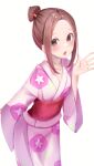  1girl :o absurdres bangs blush brown_eyes brown_hair collarbone hair_bun highres japanese_clothes karakai_jouzu_no_takagi-san kimono looking_at_viewer obi parted_bangs pink_kimono sash solo standing takagi-san white_background yukata yuunamida_uyu 