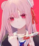  1girl absurdres bangs blue_necktie closed_mouth double_bun hair_ornament hair_ribbon happy_sugar_life highres knife knife_in_head long_hair lshiki matsuzaka_satou necktie pink_eyes pink_hair ribbon solo yandere 