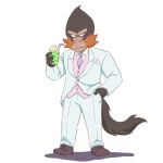  1:1 anthro beverage bleeding-heart_monkey butu_z clothing dobu_(odd_taxi) hand_in_pocket haplorhine male mammal monkey necktie odd_taxi old_world_monkey pockets primate simple_background soda solo suit 