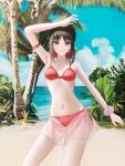  1girl armpits bangs beach black_hair breasts cloud collarbone hair_ribbon highres kaguya-sama_wa_kokurasetai_~tensai-tachi_no_renai_zunousen~ looking_at_viewer medium_hair navel ocean orange_eyes outdoors red_swimsuit ribbon shinomiya_kaguya solo swimsuit tree youngsok 