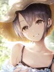  1girl :d black_camisole camisole collarbone dress eyelashes grey_hair grin hat head_tilt highres idolmaster idolmaster_cinderella_girls looking_at_viewer off-shoulder_dress off_shoulder otokura_yuuki redeye_(artist) short_hair smile solo straw_hat upper_body white_dress 