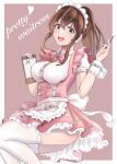  1girl blue_eyes breasts brown_hair clipboard highres holding holding_pencil idolmaster idolmaster_million_live! izuminnu large_breasts long_hair maid maid_headdress open_mouth pencil ponytail satake_minako smile solo thighhighs white_legwear 