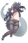  1girl absurdres animal_ears aqua_eyes bangs bare_shoulders big_hair black_hair black_legwear black_shorts blush breasts buttons cerberus_(kemono_friends) collar covered_nipples crotch_seam cutoffs dog_ears eyebrows_visible_through_hair fingerless_gloves full_body gloves hair_between_eyes half-closed_eyes hand_up highres kemono_friends large_breasts legwear_under_shorts long_tail looking_at_viewer mapuri4649 multicolored_hair navel pantyhose parted_lips scar scar_across_eye scar_on_face shiny shiny_clothes shoes short_shorts shorts simple_background skindentation slit_pupils solo spiked_collar spikes stomach strapless tail thigh_gap thigh_strap tube_top two_side_up unbuttoned underboob white_background 