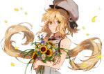  1girl absurdres ahoge artoria_pendragon_(caster)_(fate) artoria_pendragon_(fate) bangs bare_arms blonde_hair blue_flower blurry bouquet closed_mouth commentary depth_of_field eyes_visible_through_hair fate/grand_order fate_(series) flower furirikkuru green_eyes grey_headwear hat highres holding holding_bouquet light_smile long_hair looking_at_viewer petals sleeveless solo sunflower twintails upper_body white_flower yellow_flower 