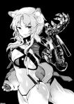  1girl absurdres animal_ears arm_cannon bangs bikini black_background breast_strap breasts cleavage commission cyborg greyscale highres hood hooded_jacket jacket looking_to_the_side mechanical_arms medium_breasts medium_hair miaawa midriff monochrome navel off_shoulder original parted_bangs parted_lips science_fiction skeb_commission sleeves_past_wrists smile swimsuit weapon 