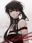  1girl bangs bare_shoulders black_dress black_hair blood blood_on_face blood_splatter breasts cleavage dress earrings half-closed_eyes highres itou_(very_ito) jewelry lipstick looking_at_viewer makeup medium_breasts parted_lips red_eyes red_lips spy_x_family upper_body yor_briar 