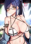  1girl :| armband bangs bare_shoulders beach bikini black-framed_eyewear black_ribbon blue_hair blue_jacket blush breasts chiyo_(pk19981234) cleavage closed_mouth collarbone eyebrows_visible_through_hair frilled_armband glasses hair_ribbon hand_on_own_chest highres jacket large_breasts long_hair looking_at_viewer lotion mole mole_under_eye navel off-shoulder_jacket off_shoulder original outdoors plaid plaid_bikini ponytail ribbon rooftop semi-rimless_eyewear sidelocks skindentation solo swept_bangs swimsuit upper_body water white_bikini yellow_eyes 