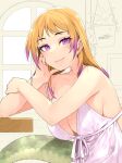  1girl african_rock_python_(kemono_friends) alternate_costume bare_arms bare_shoulders blonde_hair breasts collarbone commentary dated dress elbow_rest eyebrows_visible_through_hair happa_(cloverppd) highres indoors kemono_friends large_breasts long_hair looking_at_viewer multicolored_hair purple_eyes purple_hair signature sleeveless sleeveless_dress snake_tail solo spaghetti_strap tail two-tone_hair upper_body white_dress window 