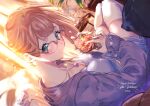  1girl bangs blonde_hair blue_eyes blurry blurry_background blush breasts cleavage closed_mouth collarbone couch curtains denim denim_shorts dutch_angle glasses hibike!_euphonium highres indoors jacket jewelry kuziaaizuk long_hair long_sleeves looking_at_viewer looking_back necklace plant purple_jacket purple_shirt round_eyewear shirt shorts sitting smile solo sunlight thighhighs white_legwear yoshikawa_yuuko zettai_ryouiki 