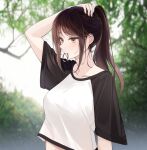  1girl absurdres adjusting_hair bangs blurry blurry_background brown_eyes brown_hair closed_mouth expressionless hair_tie hair_tie_in_mouth hand_in_own_hair hand_up highres lebring long_hair mouth_hold original outdoors ponytail shirt short_sleeves solo standing t-shirt tree 