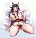  1girl absurdres ahri_(league_of_legends) animal_ear_fluff animal_ears black_hair breasts facial_mark female_pubic_hair fox_ears fox_tail handjob_gesture highres korean_clothes kumiho large_breasts league_of_legends long_hair multiple_tails naughty_face nipple_piercing nipples panties piercing pubic_hair pubic_hair_peek red_panties sexually_suggestive solo tail tinnies tongue tongue_out underwear vastaya whisker_markings yellow_eyes 