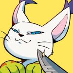  :3 blue_eyes cat digimon digimon_(creature) digimon_adventure fang half-closed_eyes hands_up highres knife looking_at_viewer no_humans nui_(nuitt) simple_background smile smug tailmon whiskers yellow_background 