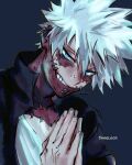  1boy alternate_eye_color alternate_hair_color artist_name black_jacket blue_background blue_eyes boku_no_hero_academia burn_scar cheek_piercing dabi_(boku_no_hero_academia) evil_grin evil_smile grin highres jacket looking_at_viewer male_focus multiple_scars own_hands_together piercing scar scar_on_neck sharl0ck smile solo spiked_hair spoilers staple stapled symbol-only_commentary todoroki_touya white_hair 