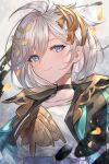  1girl absurdres ahoge choker ear_piercing granblue_fantasy hair_ornament highres looking_at_viewer piercing short_hair silver_hair smile solo suzu_(suzuame329) unmoving_pattern upper_body yuni_(granblue_fantasy) 