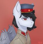  black_hair bust_portrait clothing commissar_junior equid equine fan_character feathered_wings feathers feral hair half-closed_eyes hasbro hat headgear headwear hi_res male mammal my_little_pony narrowed_eyes pegasus portrait red_eyes signature solo uniform wings y32010g 