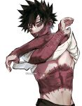  1boy artist_name black_hair blue_eyes boku_no_hero_academia burn_scar cheek_piercing clothes_lift crossed_arms dabi_(boku_no_hero_academia) highres lifted_by_self looking_at_viewer male_focus multiple_scars piercing scar scar_on_chest scar_on_face scar_on_neck sharl0ck shirt shirt_lift simple_background solo spiked_hair staple stapled stitches symbol-only_commentary toned toned_male white_background white_shirt 