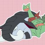  closed_eyes closed_mouth commentary donphan grid_background kelvin-trainerk lying no_humans on_stomach outline pink_background pokemon pokemon_(creature) red_scarf scarf sceptile sleeping tusks twitter_username watermark yellow_eyes 