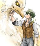  1boy animal boku_no_hero_academia bowtruckle brown_vest closed_eyes collared_shirt cosplay creature creature_on_shoulder freckles grey_pants griffin looking_at_another male_focus messy_hair midoriya_izuku newt_scamander newt_scamander_(cosplay) on_shoulder pants pero_(pero56870578) shirt sidecut signature standing vest white_background white_shirt yellow_eyes 