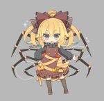  1girl arthropod_limbs bangs black_footwear black_shirt blonde_hair boots bow brown_bow brown_dress dress dress_bow extra_legs eyebrows_visible_through_hair full_body grey_background hair_bow kurodani_yamame long_sleeves looking_at_viewer open_mouth orange_bow pinafore_dress red_bow shirt short_eyebrows short_hair simple_background solo standing touhou yaco_(nuitnotte) yellow_bow 