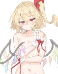 1girl bangs blonde_hair bow breasts closed_mouth collarbone covering covering_breasts cowboy_shot crystal embarrassed flandre_scarlet groin hair_between_eyes hair_bow jitome looking_at_viewer medium_hair navel nude one_side_up paragasu_(parags112) red_eyes ribbon small_breasts solo touhou white_background wings wrist_cuffs 
