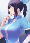  1girl black_hair blue_ribbon blue_shirt breasts closed_mouth commentary hair_ribbon hand_on_hip hand_up hibike!_euphonium highres kousaka_reina kuziaaizuk large_breasts looking_to_the_side ponytail purple_eyes ribbon shirt short_sleeves solo upper_body 